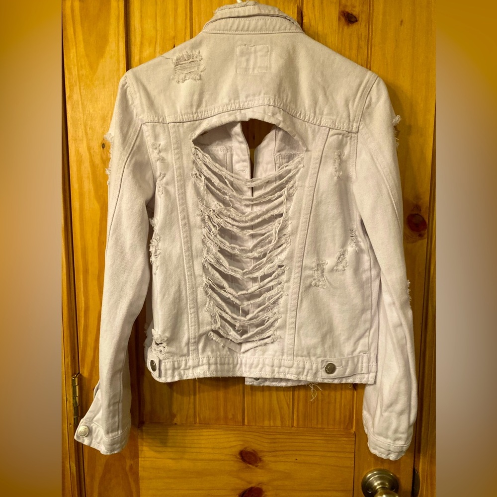 12x12 size small super distressed denim jacket in washed out light blue